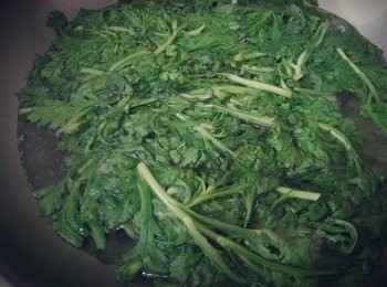 step2: 倒入水量800cc於鍋中(以能夠蓋過澎湖茼蒿汆燙為主)，水滾煮後，放入澎湖茼蒿 (注意不能汆燙過久，以免影響口感)；