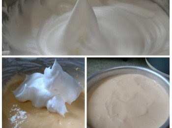 step3: 60g砂糖分3次加入蛋白內並把蛋白打至企身起角。然後分3次將蛋白拌入步驟(2)內並用fold in方法攪拌至完全混合。