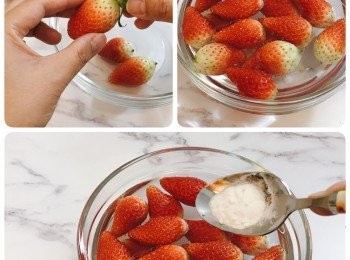 step2: 士多啤梨去蒂，用梳打粉浸洗後切片；檸檬榨汁備用；