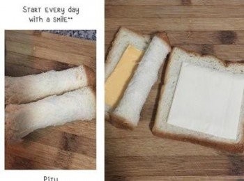 step1: 土司略壓扁後，放上起司後捲起來。