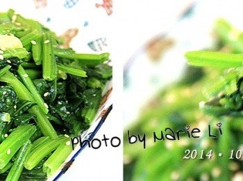 step3: 菠菜很容易出水，所以過程中我沒有額外添水下鍋
炒菠菜宜大火快炒，菜葉才能保持翠綠
但菠菜不適合一直翻攪，菜葉容易軟爛看起來就不美味了。

幸好，這把菠菜鮮嫩好吃
孩子也都很喜歡地頻頻將菜往嘴裡送
至少，一百元沒有白花啦！！