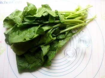 step7: <span class="group_4">菠菜汁</span>的製作:準備一鍋熱水將菠菜燙軟後,取出用冰水冰鎮降溫。擠去水份後切段,放入果汁機,加入水及鹽打成泥,再用過濾布濾出<span class="group_4">菠菜汁</span>備用。