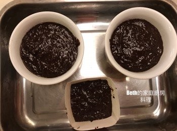 step4: 過篩泡打粉、麵粉、可可粉至 3 三拌勻，盛入抹上奶油的拷杯或烤模中， 放入預熱後的烤箱，150度烤30分鐘