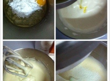 step1: 把蛋和糖粉加入深盆中，利用電動打蛋器打至雙倍發大，提起打蛋器，蛋糊不會這麼快下沉即可。