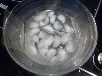 step2: 製作奶酪的同時,準備一個大碗放入冰塊水將吉利丁片泡軟。
