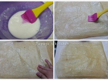 step2: 3. 先剪走腐皮側面圓周比較厚身嘅硬皮，咁樣卷起來就會靚啲，口感亦會更好^^

4. 面粉加2湯匙水搞勻

5. 腐皮剪一個四方型出來，餘下嘅腐皮都唔好浪費，放入腐皮中間，用面粉水薄薄咁掃上去痴實佢地