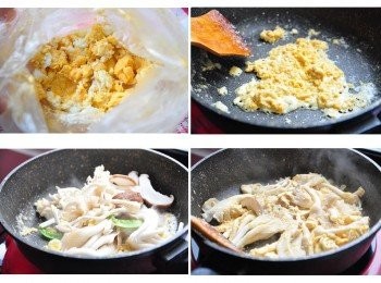 step4: 接著以塑膠袋搓揉鹹鴨蛋製棉細感，再放入鍋中煸香至冒泡泡，再放入綜合菇類均勻拌炒