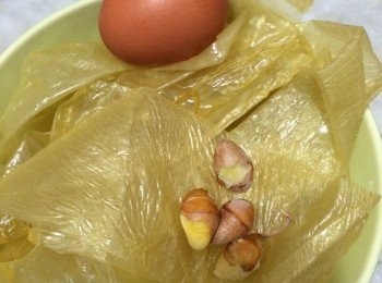 step1: 煲滾水, 轉小火放腐皮碎, 白果(已去殼, 去衣)同煮