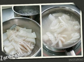 step1: 魷魚洗淨後界花切件頭部唔要。
將鮮魷飛水。煲一煲水加入紹酒，放入紹興酒灼一灼就可以拎起。