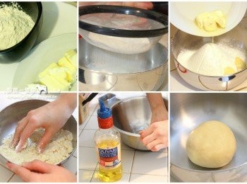 step8: <span class="group_3">酥皮</span>低筋麵粉用濾網過篩。將無鹽奶油加入低筋麵粉中，用手慢慢搓揉成為一個均勻的麵糰，包上保鮮膜放冰箱備用(不需要搓揉過久，避免麵粉出筋影響口感)。