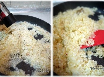 step2: 接著加入1/3高湯後，加入月桂葉與番紅花悶煮一分鐘。接著加入黑胡椒與鹽調味後，略炒至收汁