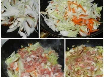 step4: 起一油鍋，下洋蔥與香菇片爆香，加入紅蘿蔔絲與高麗菜絲快炒，再下肉片，最後下醬油、水、糖、白胡椒與適量的水，肉片煮熟後再下水餃麵拌勻