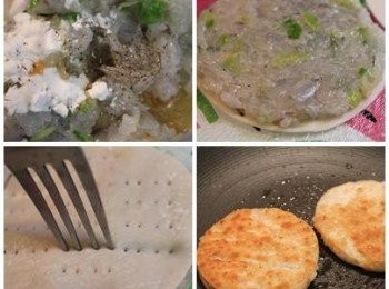 step2: 3) 將炒香的蔥與蝦泥, 加入太白粉/麻油/米酒/鹽巴/黑楜椒粉調味, 攪拌均勻
4) 把調好的蝦泥鋪在水餃皮上, 再蓋上另一片水餃皮, 並用叉子在表面上戳洞
5) 平底鍋放少許油, 用中火將蝦餅煎至表面上色, 內餡熟透即完成
