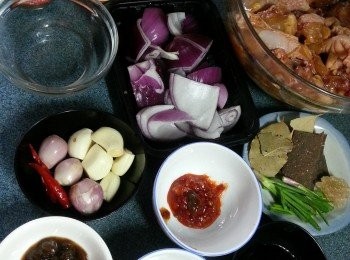 step2: 準備各項材料,蔥切段,紫洋蔥切角型,蔥頭及蒜頭原粒,紫天椒原條