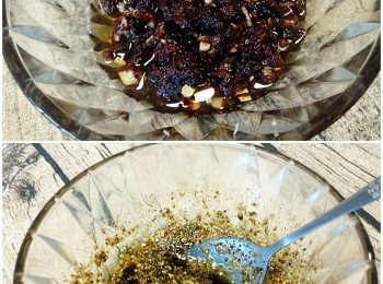 step2: 麻椒，花椒按2:1的比例打碎磨成粉；然後爆香，黃豆醬和蒜片也爆香備用。