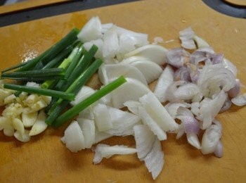 step2: 洋蔥、蒜和紅蔥頭切碎；蔥切段。
