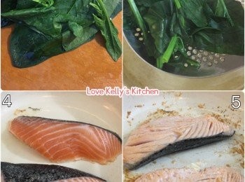 step3: 菠菜(只要葉)快烚30秒待涼後切碎；三文魚煎香兩邊(其中1件整碎)；