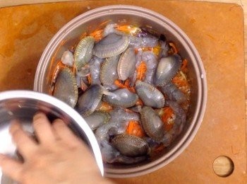 step7: 在米上面鋪上蝦子和花甲，之後按下煮飯制