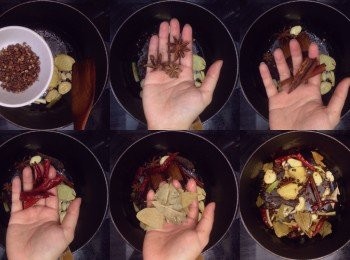 step3: 之後下花椒、桂皮、八角、乾辣椒、香葉小火炒香後先剩起備用