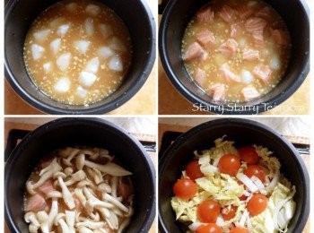 step3: 先將三文魚和帶子放進鍋內，再將鴻喜菇、娃娃菜和小蕃茄放入。