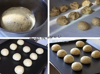 step4: 醒好的麵糰分割成十等份
每一份大約會是在 55g 左右

將分割好的麵糰揉圓擺放在烤盤上
再靜置約 10分鐘 ，並且預熱烤箱準備烘烤。