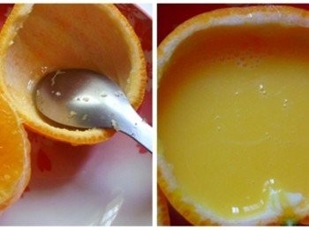 step1: 先將蜜柑對半切，接著將裡面的果肉用湯匙挖空 將果凍粉煮開放入蜜柑皮裡，可煮出自己喜歡的口味 蜜柑綠茶凍~把果肉挖出來跟綠茶凍粉一起煮