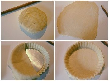 step2: 烤箱預熱200度C(400度F)，將塔盤上油。工作台灑上些許麵粉，將麵糰從冰箱拿出，用桿麵棍桿成約如圖厚度(3mm)。將麵皮鋪上塔盤，並將多餘的麵皮切掉。用叉子在塔皮上戳一些洞。