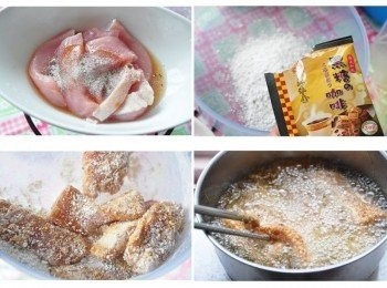 step3: 有別於之前將咖啡粉直接與肉醃製的作法，今天小小變化更添咖啡香!除了將里肌灑些咖啡粉與其他<span class="group_2">醃料</span>稍微醃製，另外把剩餘的咖啡粉與地瓜粉和在一起，再將醃好的里肌均勻沾裹混合的粉餬作麵衣，放入油鍋炸，陣陣的咖啡香不時的飄香囉...