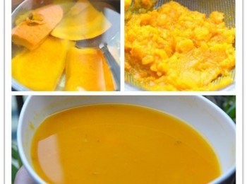step3: 將南瓜連同外皮刷洗乾淨放入電鍋蒸煮禍水煮皆可，再將軟化南瓜取出壓成碎泥，再放入冷水一起滾煮，最後加少許的冰糖融化(不喜歡過於濃稠的湯底，可以用篩網將南瓜湯過篩一下即可)