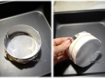 step1: 用中空圓型模，底部用烘焙紙包住、橡皮筋固定
