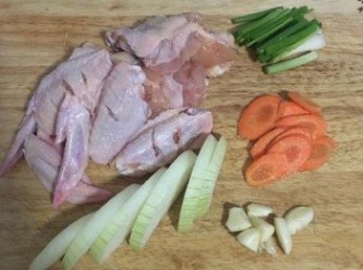 step1: 雞翅洗淨後，ㄧ組切成3部份：小雞腿，翅膀和小雞翅；並於小雞腿和雞翅上劃刀，可以幫助縮短烹煮時間就能入味喔～ 洋蔥切粗條；紅蘿蔔切片；蒜切小塊；蔥切段；