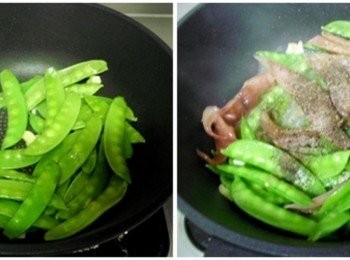 step2: 熱鍋倒入適量的油，放入蒜末爆香再放豌豆拌炒 ，加入燙熟的魷魚片及所有調味料拌炒均勻 ，起鍋放入九層塔炒熟即可。