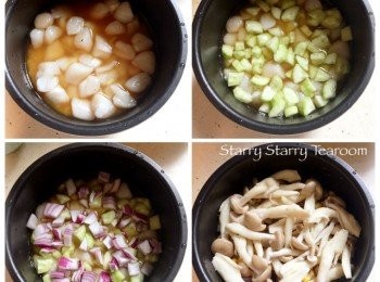 step3: 將帶子、青瓜、洋蔥、粟米和鴻喜菇放進小飯煲內，用基本模式煮50分鐘，便完成。