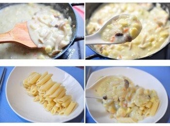 step6: 然後放入適量的玫瑰鹽調味即可。把斜管麵排置盤中，將香濃的醬汁淋在面上