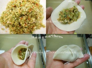 step3: 步驟1和步驟2混合，加入兩面煎熟切細丁濕豆皮，再加入<span class="group_3">調味料</span>輕輕拌勻，取一張餃子皮放入適量內餡，依照圖片順序包起捏緊。