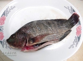 step2: 鲫魚清淨，用廚房紙把魚抹亁，用少許酒、鹽和白胡椒醃10分鐘。