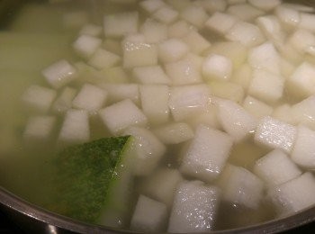 step3: 熱水下冬瓜粒和薑片,煮到冬瓜軟化轉細火。(如喜歡可以將冬瓜皮同煮。)