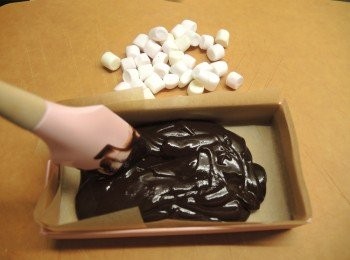 step5: 完全攪和後取出，倒入已經鋪好焗爐紙的朱古力盒內，用膠刮刀盡量掃平表面。