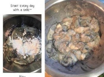 step2: 煮滾一鍋水，放入少許米酒。 鮮蚵輕輕洗淨，將殼挑乾淨，略瀝乾後加入太白粉或地瓜粉抓勻。