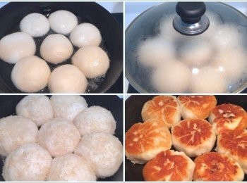step3: 開中火 熱油鍋 直接把包好的包子開口朝下排好 加水至包子高度的一半 蓋上鍋蓋悶至水收乾 轉小火 灑上芝麻 悶一下後 再翻面煎至微酥色澤呈金黃色澤就可起鍋