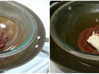 step2: 在一個可加熱的大碗裡放入巧克力隔水加熱直到融化。慢慢拌入放室溫至少一小時的奶油乳酪和瑪士卡彭起士，直到攪拌均勻。