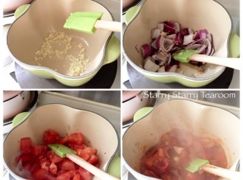 step2: 煮蕃茄醬。先用橄欖油炒香蒜蓉和洋蔥，再加入蕃茄，煮大約十分鐘至出水。便可加入茄膏、香草、糖、鹽和黑胡椒，試味至喜歡的味道。