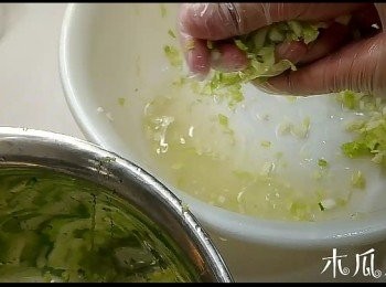 step1: 1. 半肥瘦豬肉，我自己用攪拌器打碎的(自己攪比較衞生)，碎肉後加入兩湯匙的水撈勻
2. 蝦去頭和蝦殼，並挑去蝦腸，蝦肉徹底洗乾淨， 抹乾水份，放入雪櫃15分鐘備用
3. 大白菜洗乾淨，切碎後用鹽兩茶匙，撈勻，待5分鐘，擠出菜水