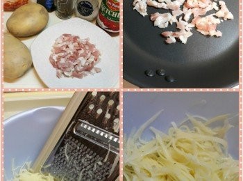 step1: 將煙肉解凍洗淨,,印乾水份後切成幼條,,平底鑊不用落油,,放入煙肉炒香後盛起備用,,平底鑊不用清洗!!
