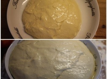 step1: 麵團豁好之後(上圖)，於溫暖處發酵約2小時或兩倍大麵團體積形成即可(下圖)。