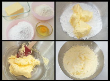 step1: 牛油和糖霜先用膠刮刀輕輕拌勻，再用打蛋器打起至奶白色 （用高速大約兩分鐘）