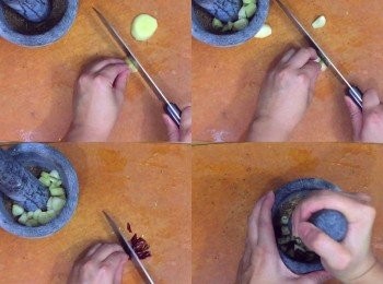 step2: 薑去皮切粒、蒜頭去皮，指天椒去蒂切粒，加入石盅盅爛