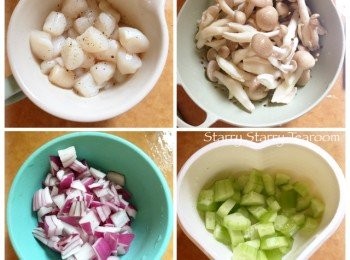 step1: 帶子洗淨，用鹽和黑椒略醃，備用。將鴻喜菇、洋蔥和青瓜洗淨，切小粒，備用。