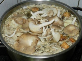 step5: 再把乾菇連水都加入，還有新鮮的秀珍菇，小火再煮20分後調味