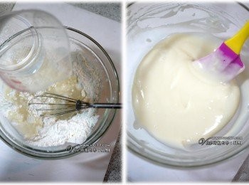 step1: 1 把低粉與糖粉混合，拌勻
2 倒入冷水，但要留下約10cc的量後，拌勻